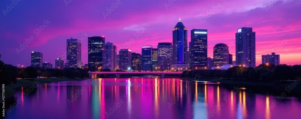 Obraz premium Purple hues paint Orlando's downtown skyline at dusk, light, florida