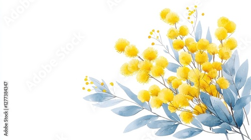 Fototapeta Naklejka Na Ścianę i Meble -  Vibrant Wattle Blossoms, a detailed watercolor depiction of a wattle plant showcasing its bright yellow flowers, emphasizing the intricate beauty of nature in full bloom.