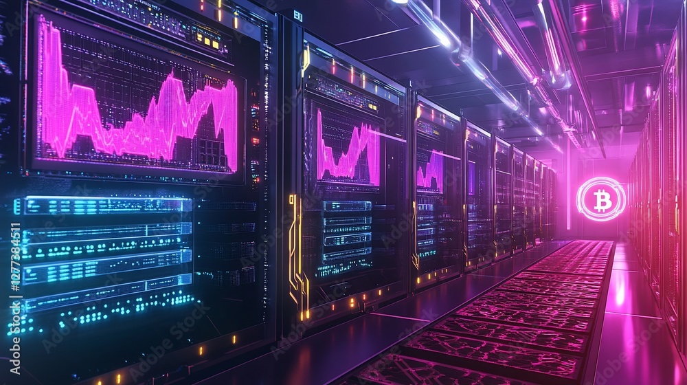 Futuristic server room with digital displays and a neon Bitcoin symbol shining brightly Futuristic server room with digital displays and a neon Bitcoin symbol shining brightly