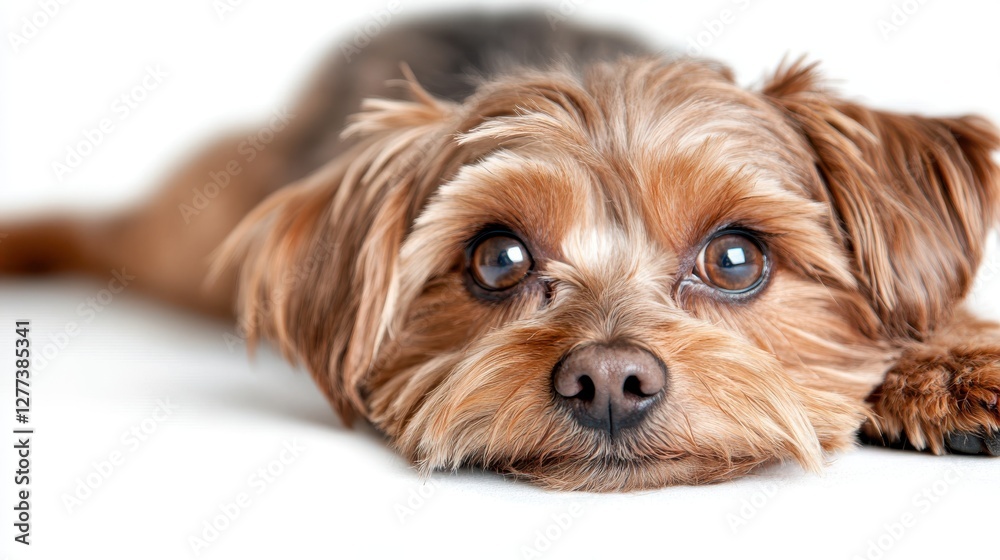 Charming maltipoo with big kind eyes rests on white background Charming maltipoo with big kind eyes rests on white background