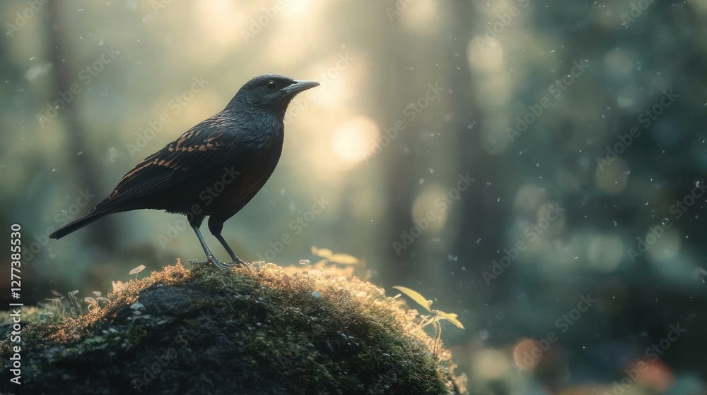 Fototapeta premium A black bird perched on a mossy rock in the forest.