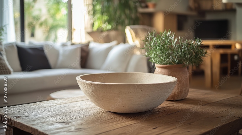 Fototapeta premium Rustic Wooden Bowl on Table with Cozy Living Room Background