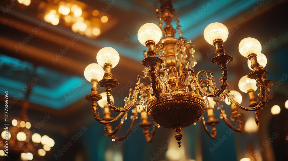 A luxurious chandelier with intricate details hangs from the ceiling in a grand room, casting a warm glow. The elegant design and modern craftsmanship symbolize sophistication and prestige A luxurious chandelier with intricate details hangs from the ceiling in a grand room, casting a warm glow. The elegant design and modern craftsmanship symbolize sophistication and prestige