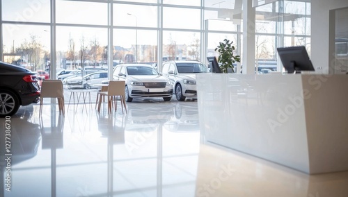 Modern car dealership interior, showroom, customer service desk, city view