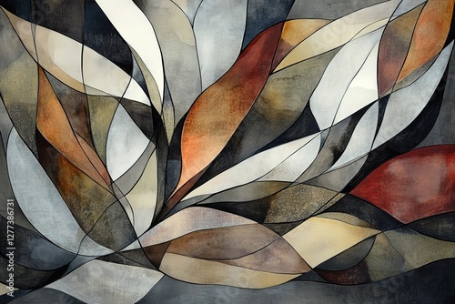 Abstract artwork featuring dynamic curves and varied textures in earthy neutral colors