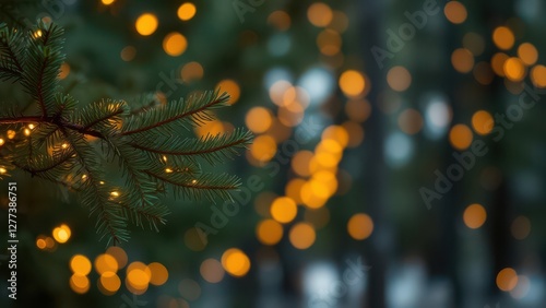 a close up of a pine tree with lights in the background