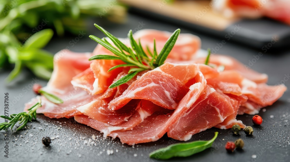 Savoring thinly sliced ham garnished with herbs on a dark background Savoring thinly sliced ham garnished with herbs on a dark background