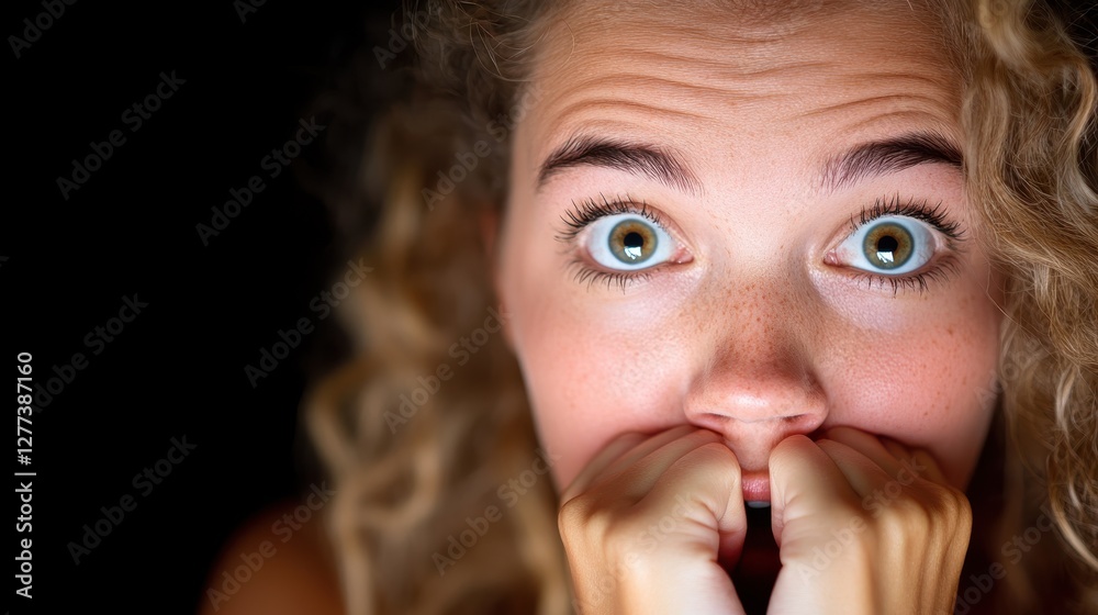 Frightened woman stares into the darkness, fear gripping her heart Frightened woman stares into the darkness, fear gripping her heart