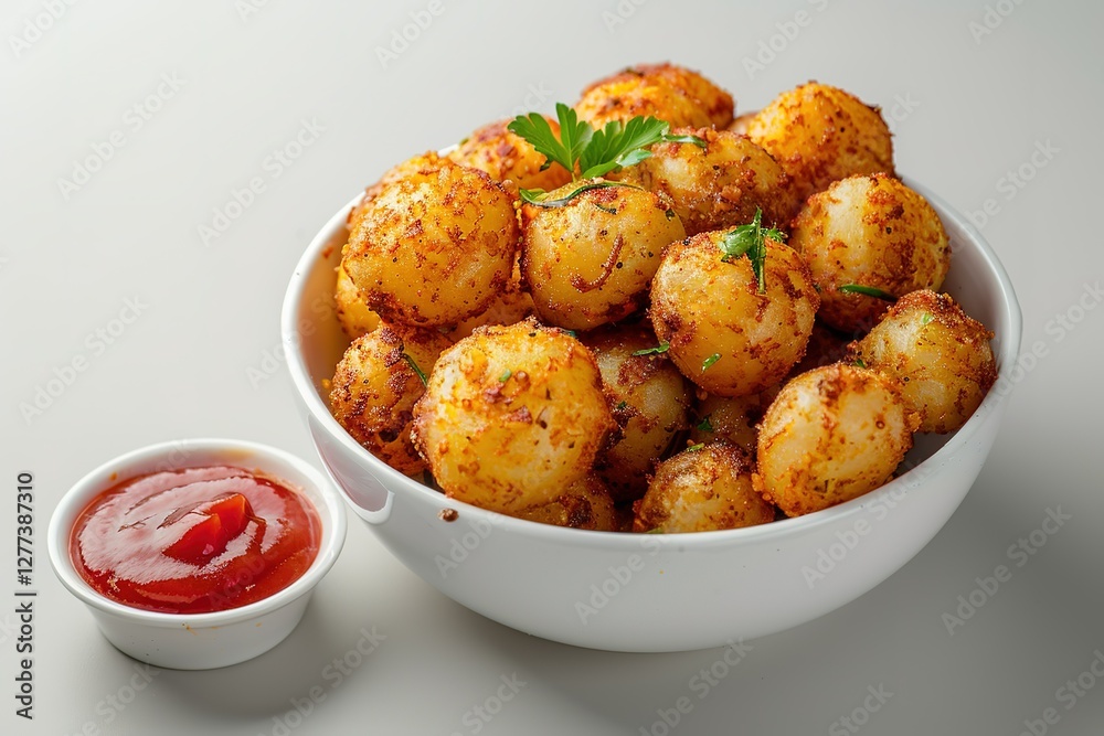 Bowl of seasoned potatoes with a side of tomato dipping sauce on plain background Bowl of seasoned potatoes with a side of tomato dipping sauce on plain background