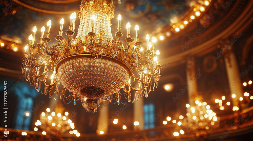 Obraz premium A luxurious chandelier with intricate details hangs from the ceiling in a grand room, casting a warm glow. The elegant design and modern craftsmanship symbolize sophistication and prestige