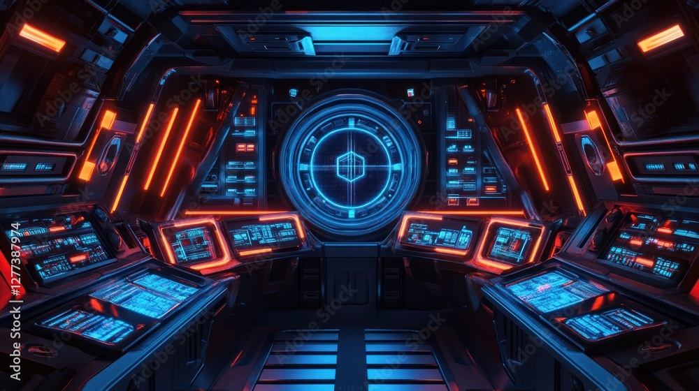Futuristic Spaceship Bridge: Neon Lights and Advanced Technology