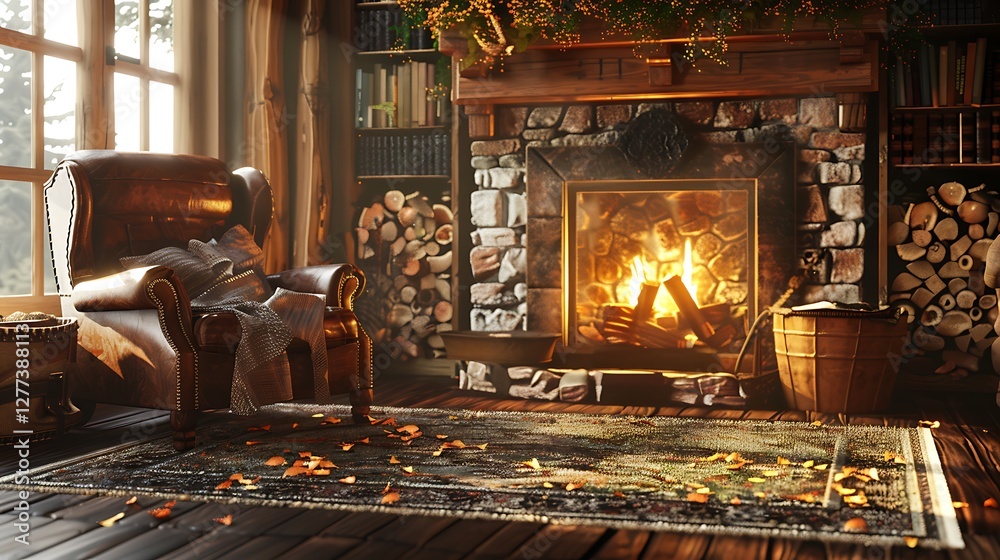 A cozy fireplace lounge with a plush rug, a leather armchair, and a stack of firewood nearby in A cozy fireplace lounge with a plush rug, a leather armchair, and a stack of firewood nearby in