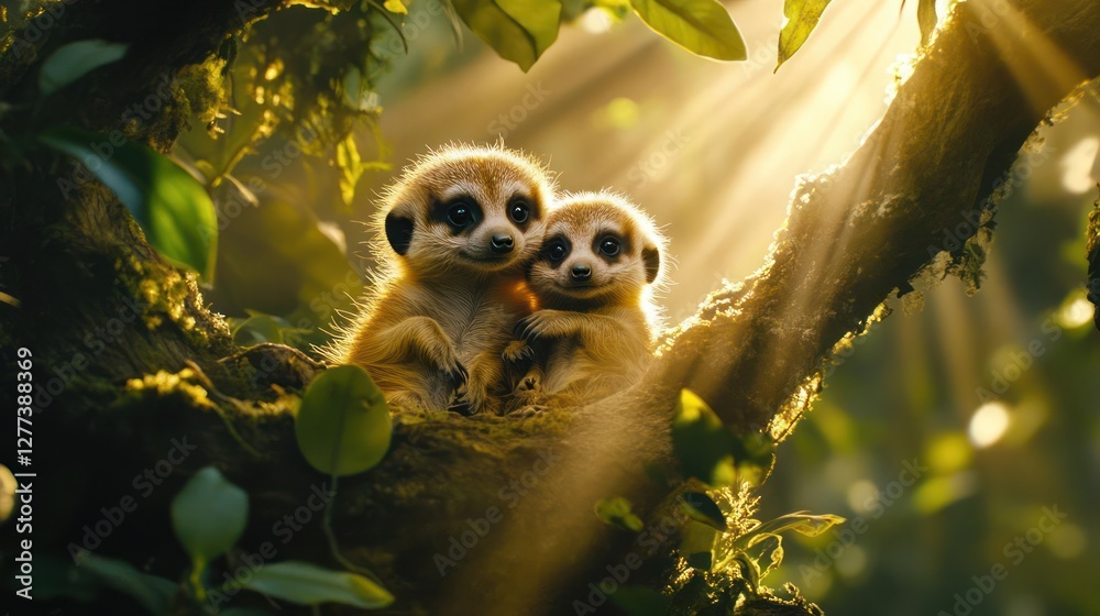 Fototapeta premium Two meerkats cuddled up on a tree branch.