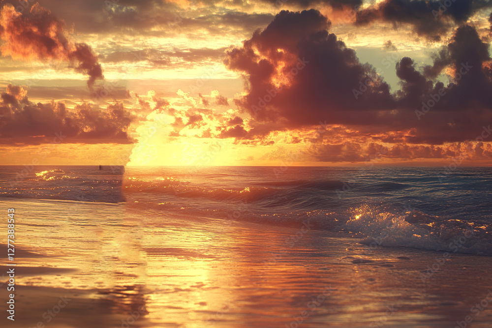 Obraz premium Vibrant sunset over the ocean reflecting on wet sand; waves lapping on the shore