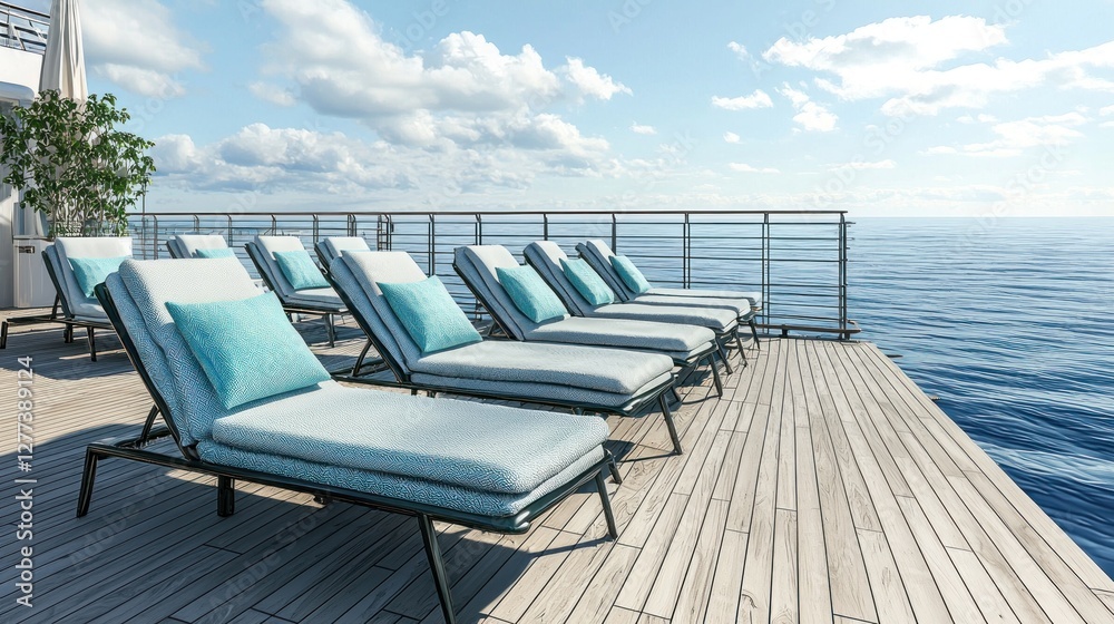 Fototapeta premium Luxury Cruise Ship Deck, Tranquil Ocean View with Comfortable Loungers