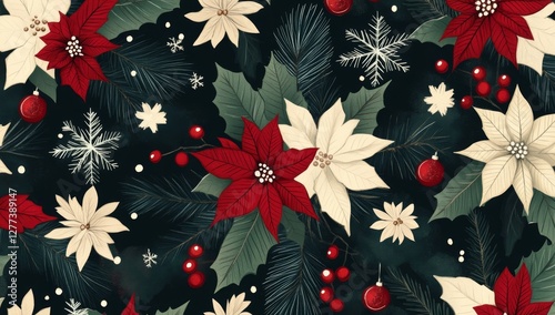 Festive poinsettia pattern with holly, snowflakes, and ornaments on a dark background