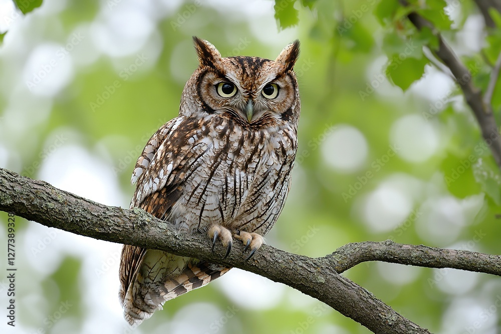 Obraz premium Owl perched on a branch in natural habitat looking directly at the camera