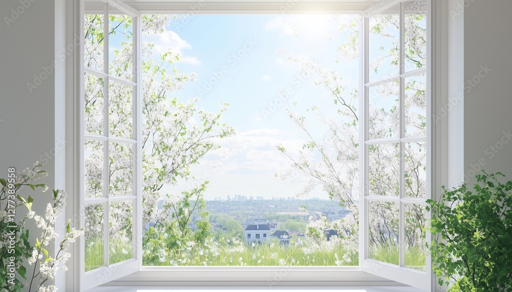 Fototapeta premium Spring view white flower fresh sky from glass window home interior decoration