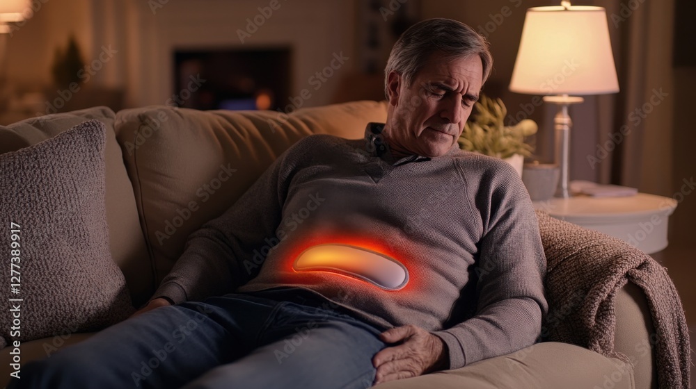 Obraz premium A middle-aged man applying heat therapy to his lower back on a comfortable couch. Featuring relief and comfort