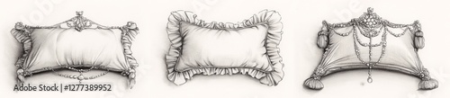 Decorative ruffled pillows on white background