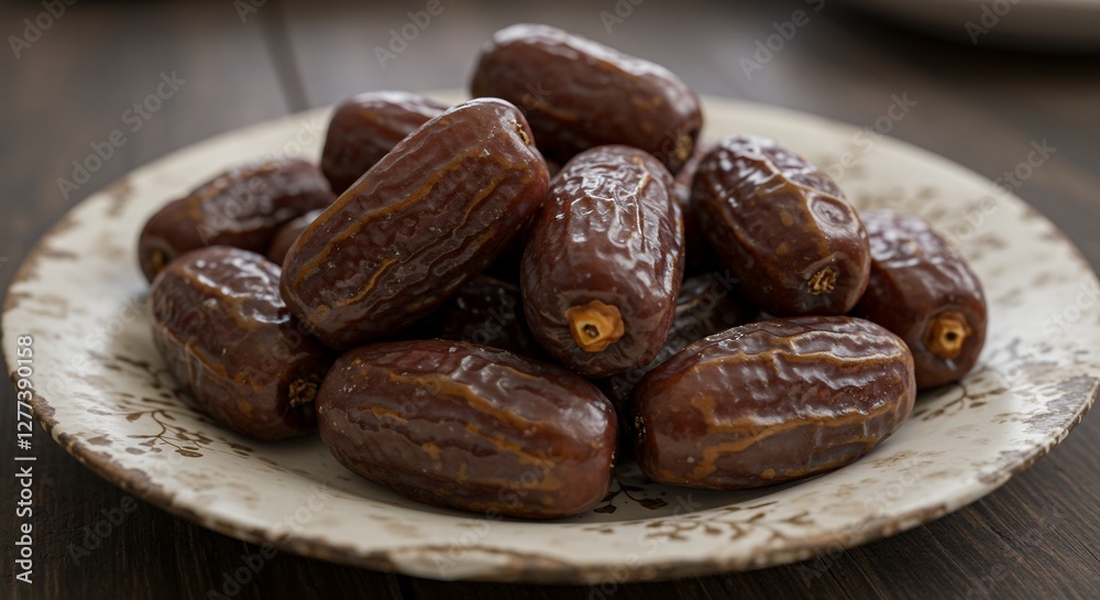 Dates are piled high on a decorative plate in closeup Dates are piled high on a decorative plate in closeup