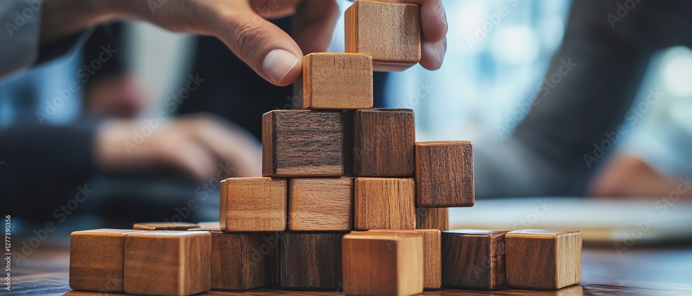 A business team stacking wooden blocks on a table, representing knowledge management, sharing, and collaboration for organizational development A business team stacking wooden blocks on a table, representing knowledge management, sharing, and collaboration for organizational development