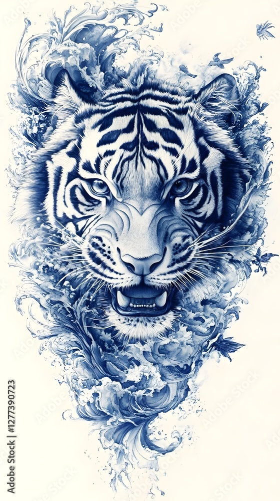 Fototapeta blue tiger head tattoo design