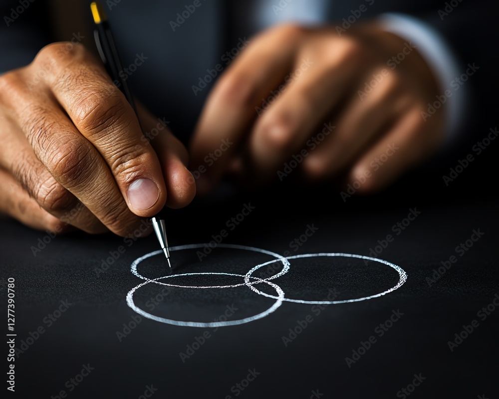 A closeup of a businessman drawing a Venn diagram on a blackboard, showing two circles overlapping to represent business alignment and objectives A closeup of a businessman drawing a Venn diagram on a blackboard, showing two circles overlapping to represent business alignment and objectives