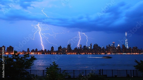Electrifying NYC Skyline: A Dramatic Lightning Storm Over the Hudson River
