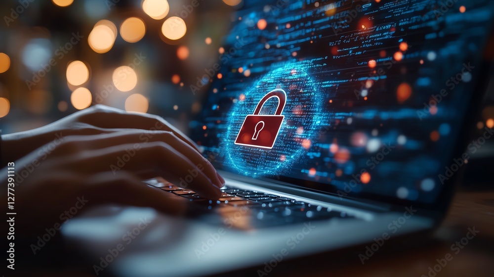 A closeup of hands working on a laptop, with a padlock icon emerging from the screen, symbolizing data security and cyber protection A closeup of hands working on a laptop, with a padlock icon emerging from the screen, symbolizing data security and cyber protection