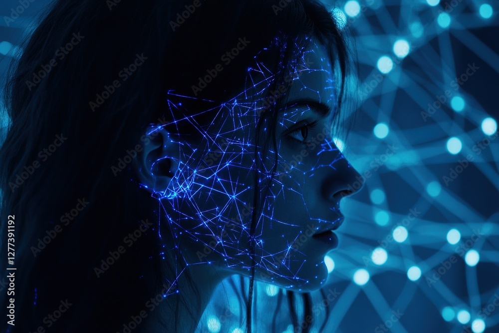 Futuristic Face: Woman illuminated with a network of connected blue points of light Futuristic Face: Woman illuminated with a network of connected blue points of light
