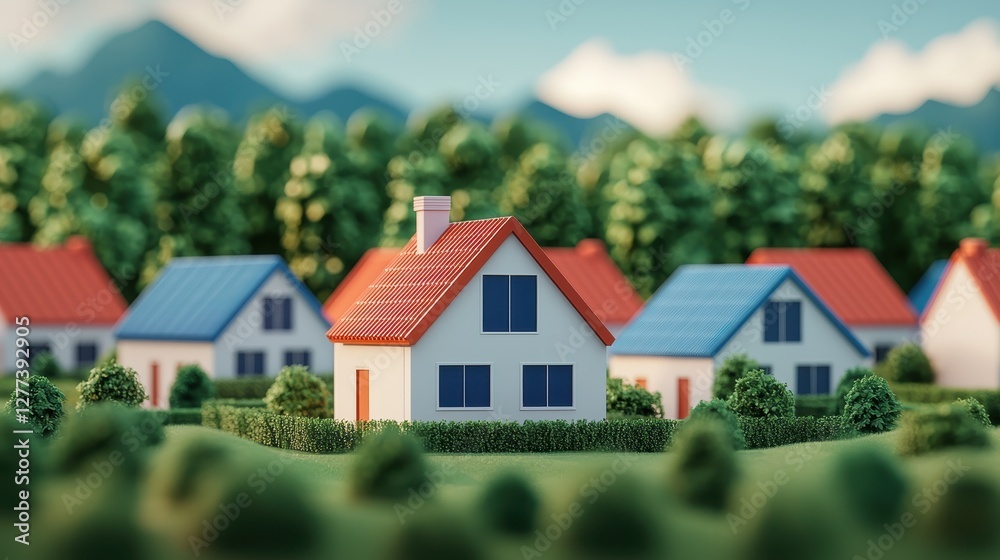 A charming miniature village featuring colorful houses surrounded by lush greenery and mountains in the background. A charming miniature village featuring colorful houses surrounded by lush greenery and mountains in the background.