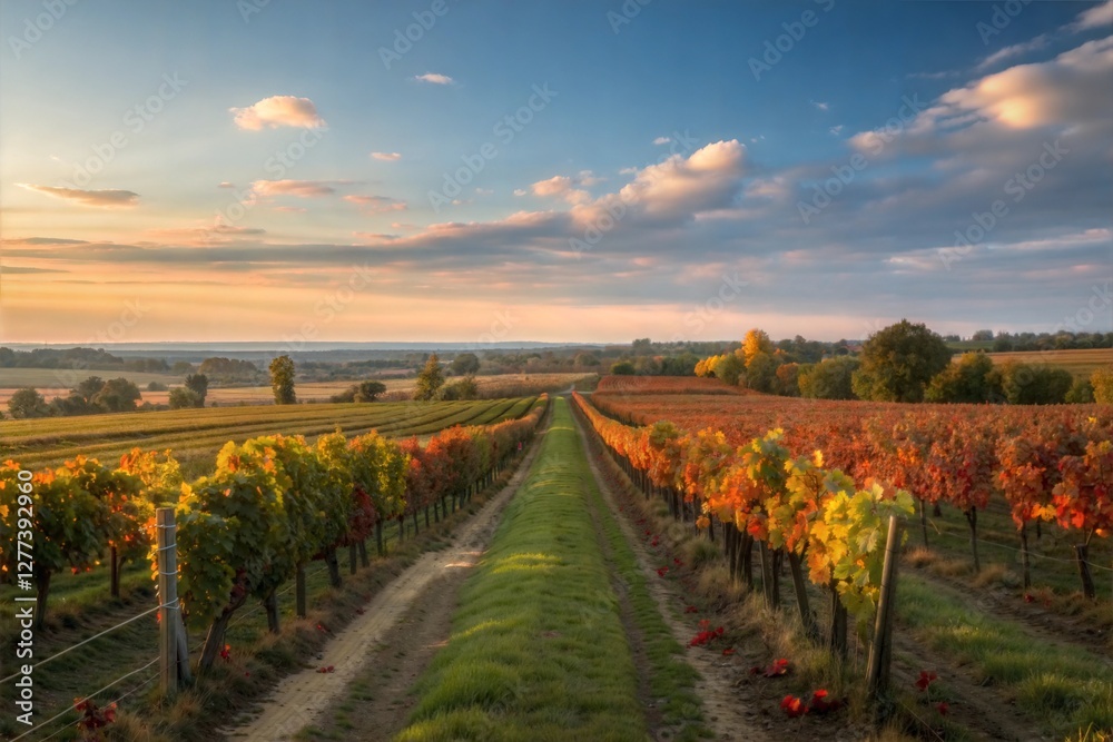 Fototapeta premium Sunset over Autumn Vineyard