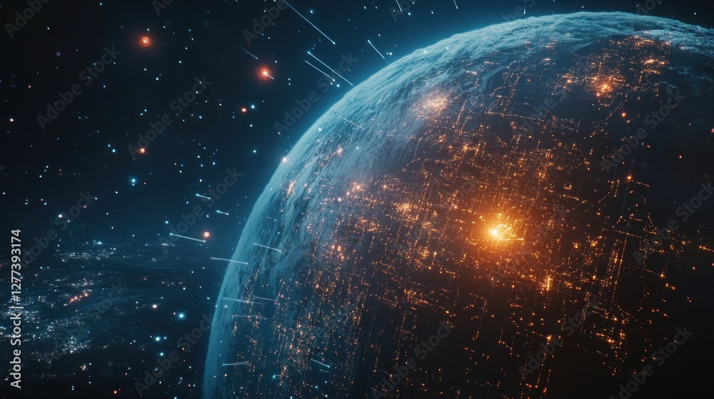 Obraz premium Futuristic planet with glowing city lights and shooting stars in space.