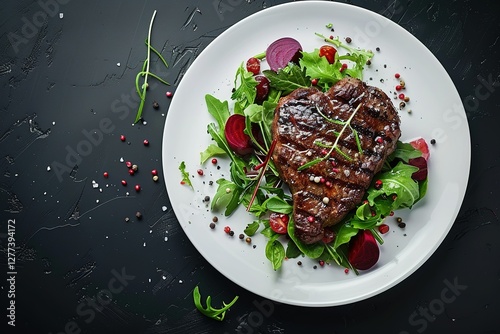 Grilled Steak with Fresh Salad Delicious culinary delight with meat and greens
