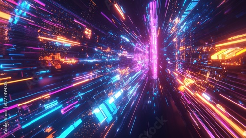 Neon Lightspeed Hyper Tunnel: A Futuristic Digital Artwork