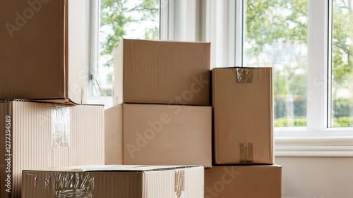 Stacked Cardboard Boxes by Window in Bright Room, vertical video