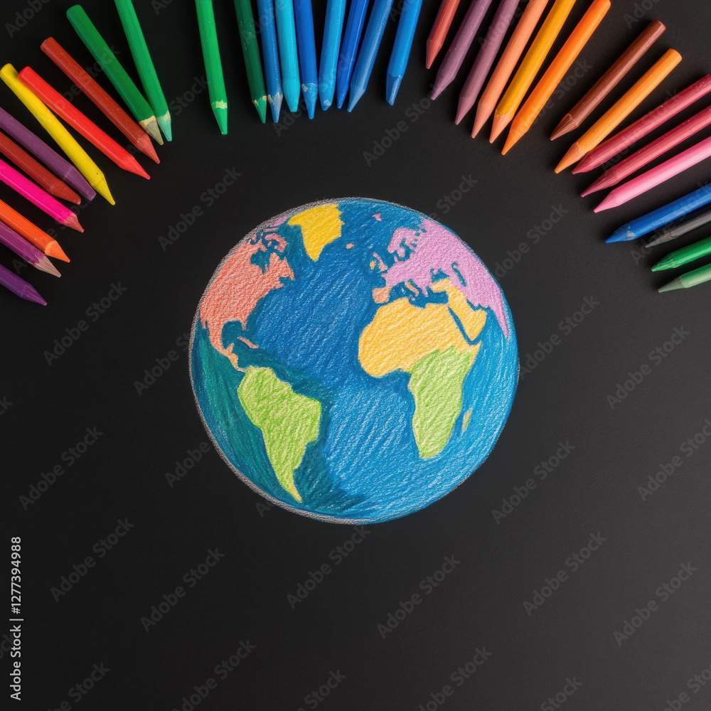 Naklejka premium Vibrant Earth sketch surrounded by colorful crayons on black background