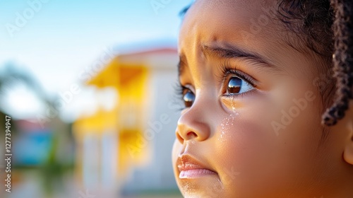 Fototapeta Naklejka Na Ścianę i Meble -  Crying girl experiences sadness alone on a playground in a sunny park