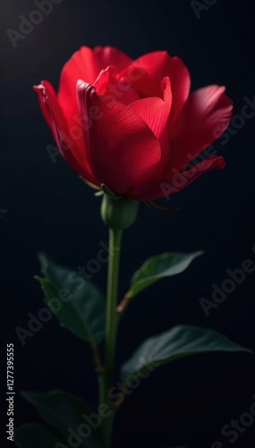 Deep crimson nightbloom, delicate petals unfurl in shadows, unusual, nature photo