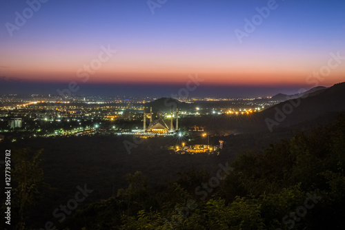 Faisal Masjid, Faisal Mosque, Shah Faisal Mosque (Masjid), view from Margalla Hills, minaret of the largest mosque in Islamabad, Pakistan