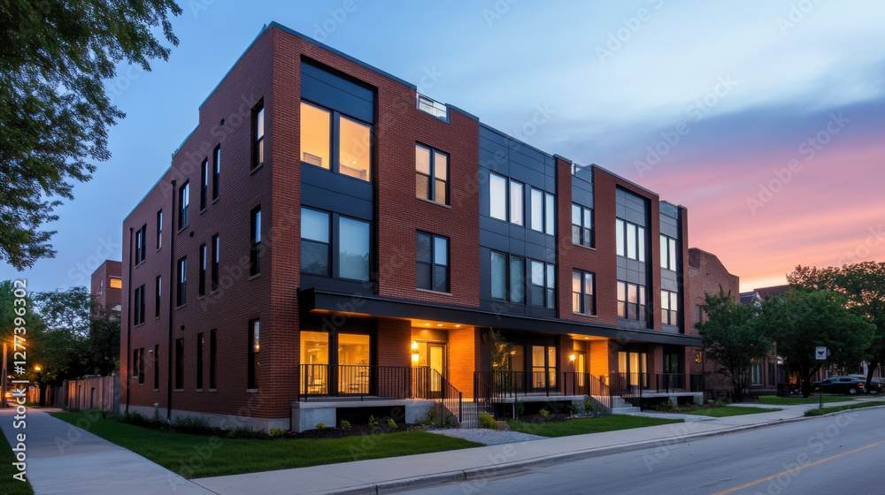 Naklejka premium Modern duplex building glowing softly at dusk, showcasing contemporary architecture and warm lighting