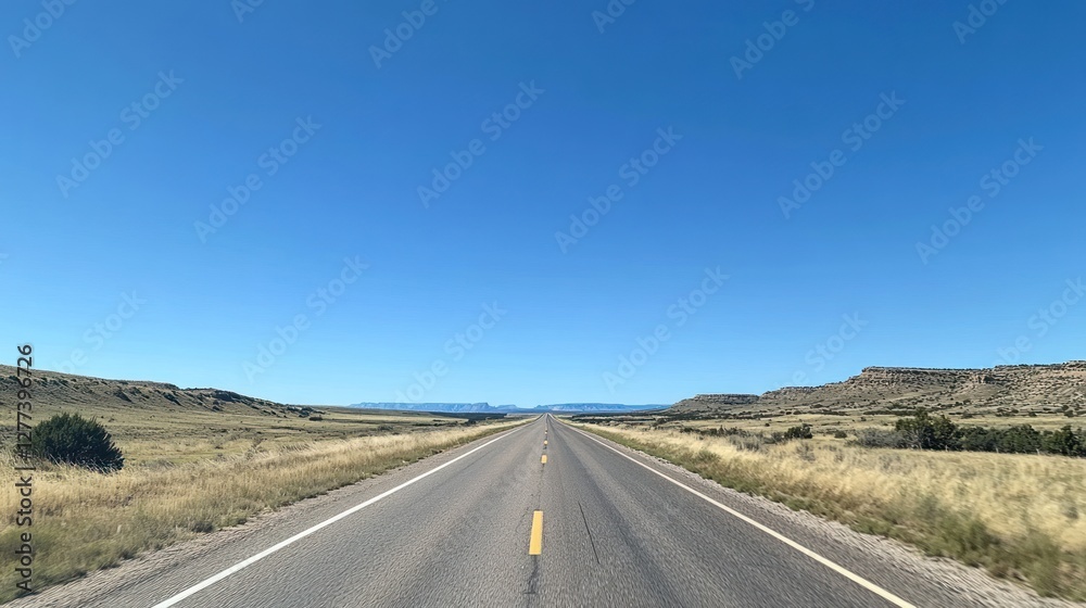 A long, straight highway stretches across a vast, arid landscape under a clear blue sky. A long, straight highway stretches across a vast, arid landscape under a clear blue sky.