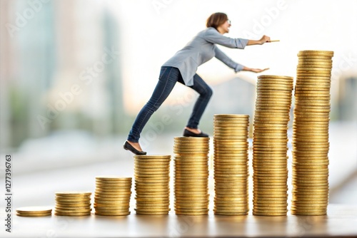Woman Climbing Golden Coins