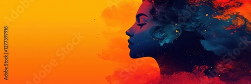 Vibrant Silhouette against Fiery Background: A Mysterious Female Profile Blends in Intense Orange and Blue Abstract Art with Bold, Expressive Colors