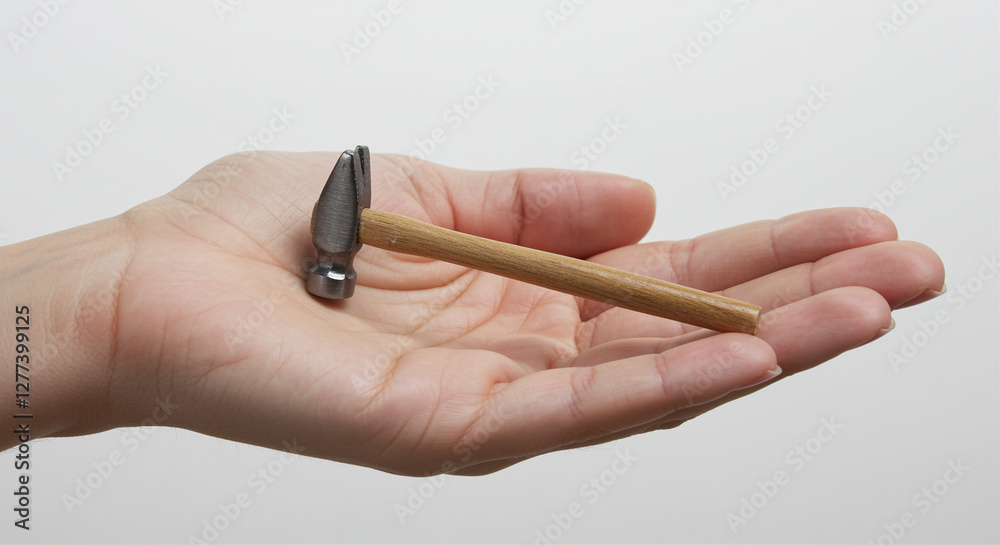 Hammer on Hand. Small hammer on a human hand showcasing hand tools. The image captures a small hammer held in a hand Hammer on Hand. Small hammer on a human hand showcasing hand tools. The image captures a small hammer held in a hand