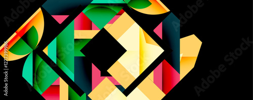 Abstract geometric artwork with interwoven angular and curved shapes, dynamic composition with smooth gradients and bold contrasts