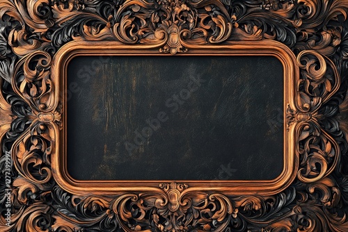 Ornate Wood Frame with Intricate Carvings Surrounding a Dark Textured Surface photo