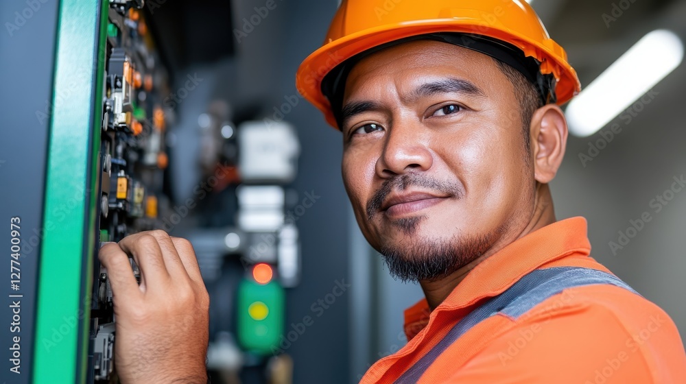 Engineer oversees power systems in manufacturing control room Engineer oversees power systems in manufacturing control room