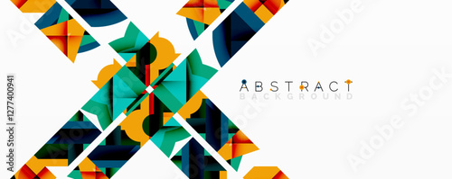 Abstract geometric artwork with interwoven angular and curved shapes, dynamic composition with smooth gradients and bold contrasts